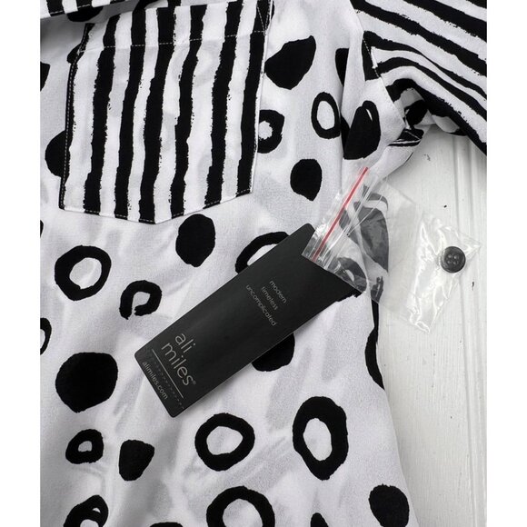 Ali Miles Black & White Polka Dot & Stripe Button-Up Blouse PL Polyester Womens - Picture 5 of 8